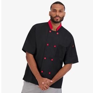 Signature Chef Coat Unisex Gift Men Women Short Sleeve Black w/ Red